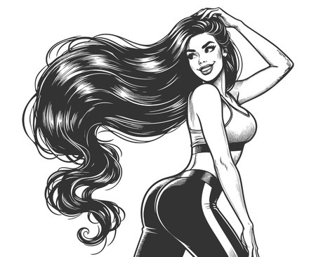 fit retro-style woman in workout clothes, posing confidently with hands in her hair sketch engraving generative ai fictional character raster illustration. Scratch board imitation. Black and white.の素材