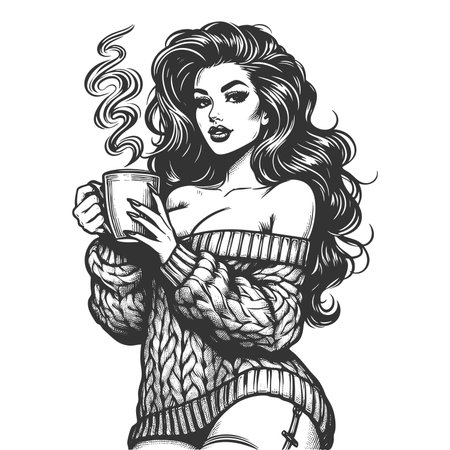 sensual woman in a cozy off-shoulder sweater holding a steaming mug of coffee sketch engraving generative ai fictional character raster illustration. Scratch board imitation. Black and white image.の素材