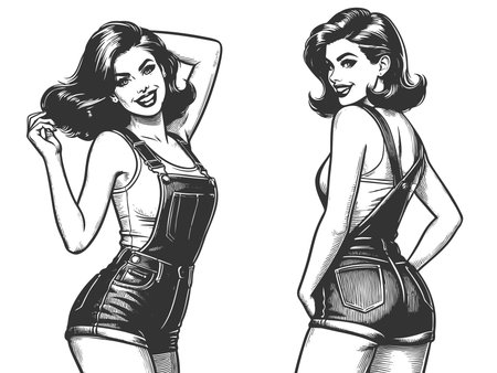 pin-up girl in short denim overalls, striking playful pose sketch engraving generative ai fictional character raster illustration. Scratch board imitation. Black and white image.の素材