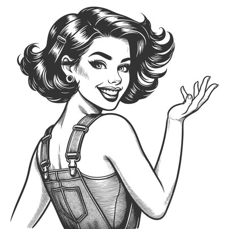 pin-up girl in short denim overalls, striking playful pose sketch engraving generative ai fictional character raster illustration. Scratch board imitation. Black and white image.の素材