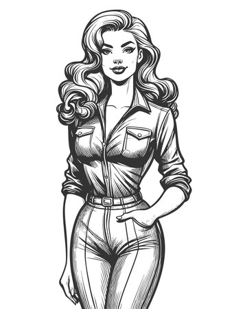 self-assured woman wearing a fitted jumpsuit with rolled sleeves and a belt sketch engraving generative ai fictional character raster illustration. Scratch board imitation. Black and white image.の素材
