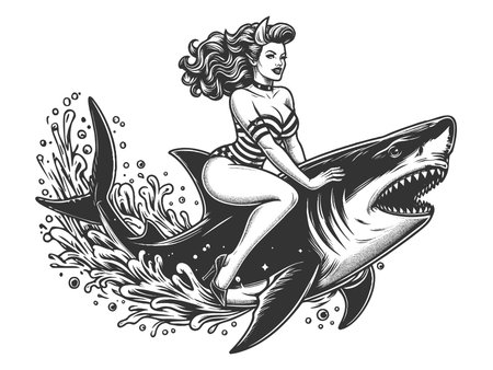 pin-up girl riding shark unique blend of vintage charm and adventurous spirit sketch engraving generative ai fictional character raster illustration. Scratch board imitation. Black and white image.の素材