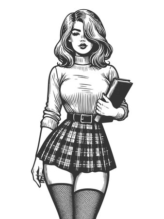 confident young woman in a plaid skirt and turtleneck, holding a book with bold attitude sketch engraving generative ai fictional character raster illustration. Scratch board. Black and white image.の素材