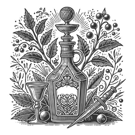 ornate bottle, dagger, and goblet surrounded by leaves and berries, evoking mystery and alchemy sketch engraving generative ai vector illustration. Scratch board imitation. Black and white image.の素材