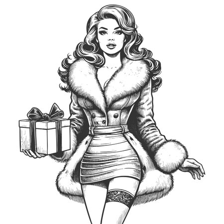 pin-up girl in a fur-trimmed coat and short skirt, holding a wrapped present sketch engraving generative ai fictional character raster illustration. Scratch board imitation. Black and white image.の素材