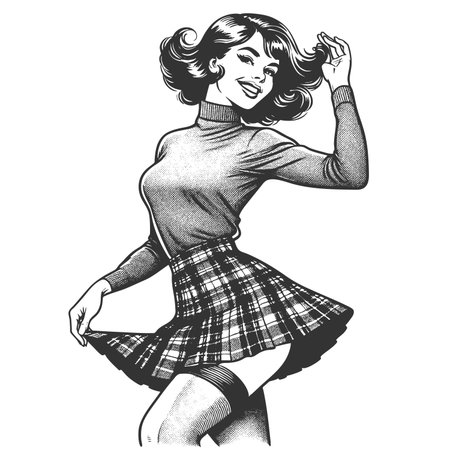 pin-up girl wearing a plaid skirt and tight turtleneck, smiling and posing playfully sketch engraving generative ai fictional character raster illustration. Scratch board imitation. Black and white.の素材