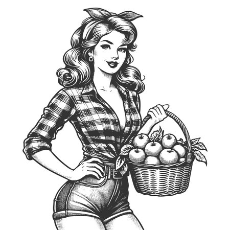 smiling pin-up girl in plaid shirt and shorts, holding a basket full of fresh apples sketch engraving generative ai fictional character raster illustration. Scratch board imitation. Black and white.の素材