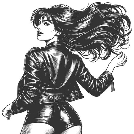 woman in a leather jacket, tube top, and shorts with flowing bob hairstyle and bold attitude sketch engraving generative ai fictional character raster illustration. Scratch board. Black and white.の素材