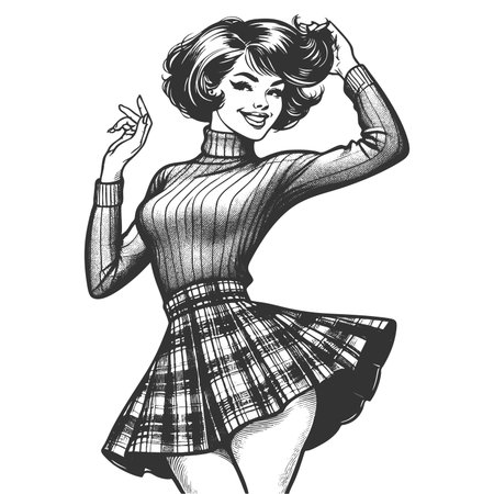 pin-up girl wearing a plaid skirt and tight turtleneck, smiling and posing playfully sketch engraving generative ai fictional character raster illustration. Scratch board imitation. Black and white.の素材
