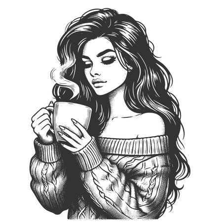 sensual woman in a cozy off-shoulder sweater holding a steaming mug of coffee sketch engraving generative ai fictional character raster illustration. Scratch board imitation. Black and white image.の素材