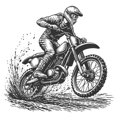 motocross rider in full gear riding through water and mud on a rugged dirt bike, full of motion sketch engraving generative ai fictional character raster illustration. Scratch board. Black and white.の素材