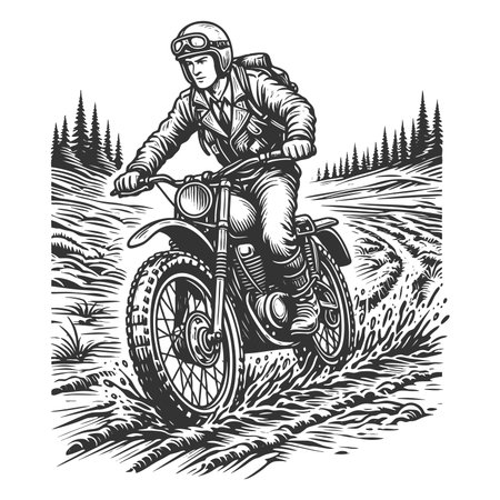 retro motorcyclist riding off-road through mud and forest trails in rugged outdoor gear sketch engraving generative ai fictional character raster illustration. Scratch board imitation. Black and whiteの素材