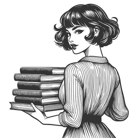 young woman in a dress, carrying a tall stack of books and glancing back sketch engraving generative ai fictional character raster illustration. Scratch board imitation. Black and white image.の素材