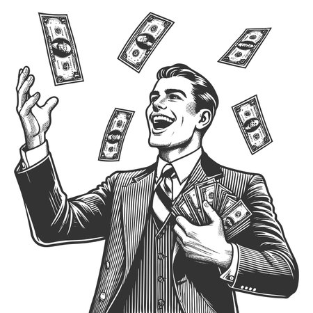 happy man in a suit holding cash and laughing as money falls around him, symbolizing wealth sketch engraving generative ai fictional character raster illustration. Scratch board. Black and white imageの素材
