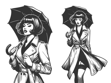 woman with a bob haircut, wearing a trench coat and holding an umbrella sketch engraving generative ai fictional character raster illustration. Scratch board imitation. Black and white image.の素材