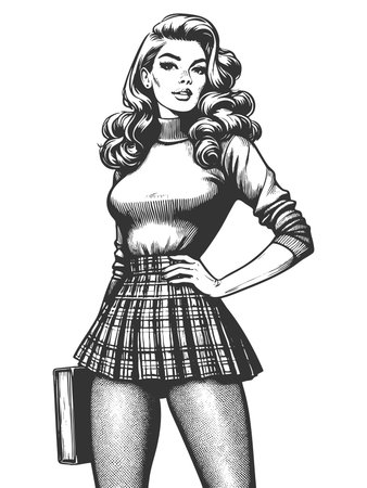 young woman in a turtleneck and plaid skirt, holding a book and standing boldly sketch engraving generative ai fictional character raster illustration. Scratch board imitation. Black and white image.の素材