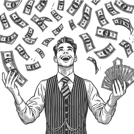 happy man in a suit holding cash and laughing as money falls around him, symbolizing wealth sketch engraving generative ai fictional character vector illustration. Scratch board. Black and white imageの素材