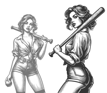 pin-up girl with tied shirt and bat over shoulders sketch engraving generative ai fictional character raster illustration. Scratch board imitation. Black and white image.の素材