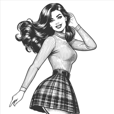 pin-up girl wearing a plaid skirt and tight turtleneck, smiling and posing playfully sketch engraving generative ai fictional character raster illustration. Scratch board imitation. Black and white.の素材