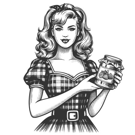 cheerful woman in a plaid dress presenting a jar of homemade berry jam sketch engraving generative ai fictional character raster illustration. Scratch board imitation. Black and white image.の素材