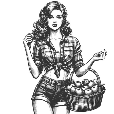 smiling pin-up girl in plaid shirt and shorts, holding a basket full of fresh apples sketch engraving generative ai fictional character raster illustration. Scratch board imitation. Black and white.の素材