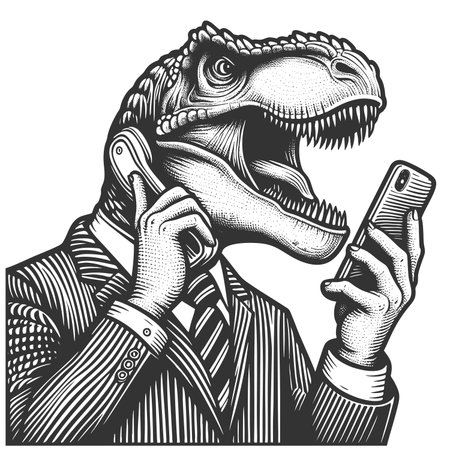 T-rex in a business suit angrily shouting at a smartphone, combining humor with corporate satire sketch engraving generative ai fictional character raster illustration. Scratch board. Black and white.の素材