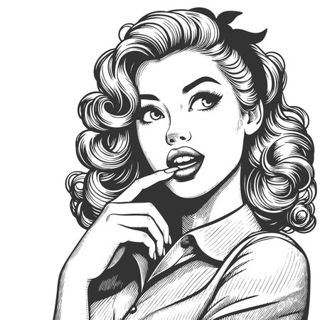 woman with voluminous curls and finger on lips, expressing surprise or curiosity in classic pin-up fashion sketch engraving generative ai fictional character raster. Scratch board. Black and white.の素材