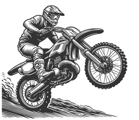 motocross rider in full gear riding through water and mud on a rugged dirt bike, full of motion sketch engraving generative ai fictional character raster illustration. Scratch board. Black and white.の素材