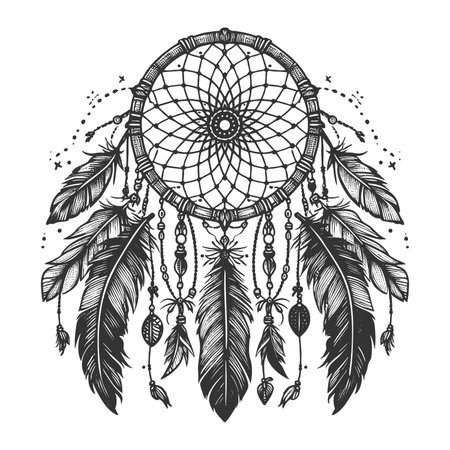 dreamcatcher with feathers and beads in black and white, featuring ornate mandala-style center and tribal elements sketch engraving generative ai raster illustration. Scratch board. Black and white.の素材