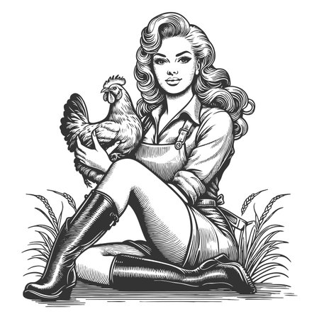 pin-up girl sitting on grass in farmwear, holding a chicken and wearing rubber boots sketch engraving generative ai fictional character raster illustration. Scratch board imitation. Black and white.の素材