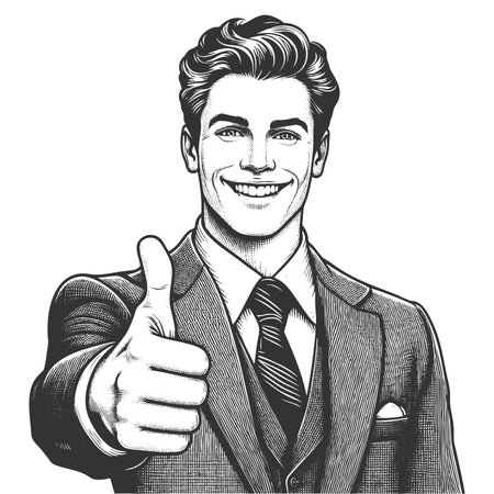 smiling businessman in a suit showing a thumbs up gesture, symbolizing success, approval, and positivity sketch engraving generative ai fictional character raster. Scratch board. Black and white imageの素材