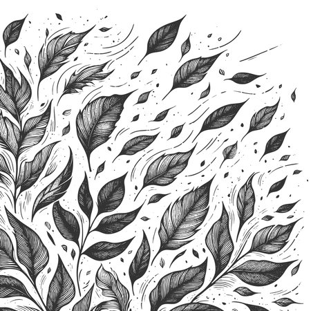 swirling leaves in motion, perfect for seasonal, botanical, or decorative design projects sketch engraving vector illustration. Scratch board imitation. Black and white image.のイラスト素材