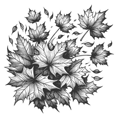 swirling leaves in motion, perfect for seasonal, botanical, or decorative design projects sketch engraving vector illustration. Scratch board imitation. Black and white image.のイラスト素材