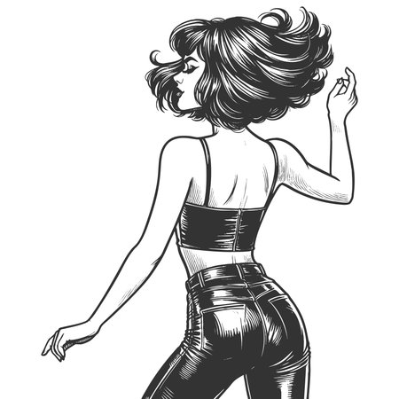 woman with short wavy hr, wearing a crop top and tight pants while dancing sketch engraving fictional character vector illustration. Scratch board imitation. Black and white image.のイラスト素材