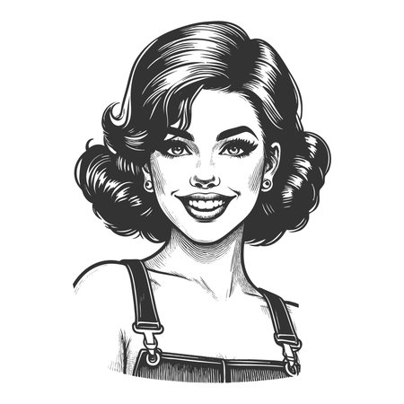 cheerful woman with wavy hair wearing denim overalls, styled in a classic pin-up look sketch engraving generative ai fictional character vector illustration. Scratch board imitation. Black and white.の素材
