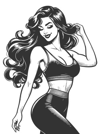 fit retro-style woman in workout clothes, posing confidently with hands in her hair sketch engraving generative ai fictional character vector illustration. Scratch board imitation. Black and white.の素材