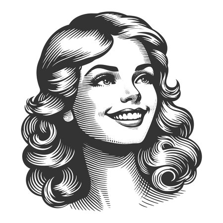 cheerful woman with classic hairstyle, ideal for retro ads, packaging, or nostalgic design themes sketch engraving generative ai fictional character vector illustration. Scratch board. Black and whiteの素材
