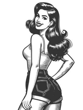 smiling woman with long wavy hair, wearing a tank top and high-waisted shorts sketch engraving generative ai fictional character vector illustration. Scratch board imitation. Black and white image.の素材