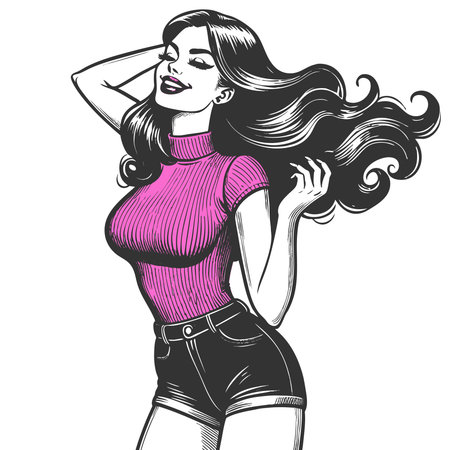 cheerful pin-up girl with long flowing hair, wearing a turtleneck top and shorts sketch engraving generative ai fictional character vector illustration. Scratch board imitation. Black and white image.の素材