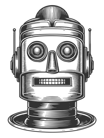 cheerful retro robot with antennas, ideal for sci-fi, tech nostalgia, or toy themes sketch engraving generative ai fictional character vector illustration. Scratch board imitation. Black and white.の素材