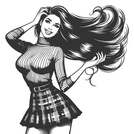 pin-up girl wearing a plaid skirt and tight turtleneck, smiling and posing playfully sketch engraving generative ai fictional character vector illustration. Scratch board imitation. Black and white.の素材