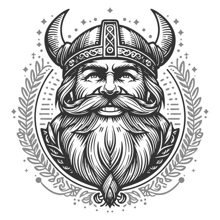cheerful Viking warrior with horned helmet sketch engraving generative ai fictional character vector illustration. Scratch board imitation. Black and white image.の素材