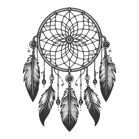 dreamcatcher with feathers and beads in black and white, featuring ornate mandala-style center and tribal elements sketch engraving generative ai vector illustration. Scratch board. Black and white.の素材