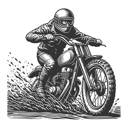 motocross rider in full gear riding through water and mud on a rugged dirt bike, full of motion sketch engraving fictional character vector illustration. Scratch board. Black and white.のイラスト素材