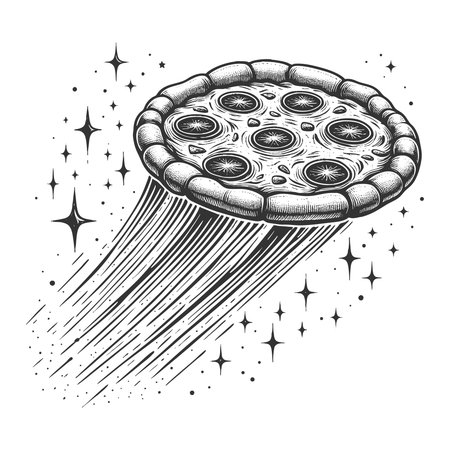 pizza soaring through space like a UFO, surrounded by stars and cosmic trails sketch engraving generative ai vector illustration. Scratch board imitation. Black and white image.の素材