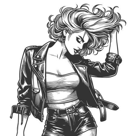 woman in a leather jacket, tube top, and shorts with flowing bob hairstyle and bold attitude sketch engraving generative ai fictional character vector illustration. Scratch board. Black and white.の素材