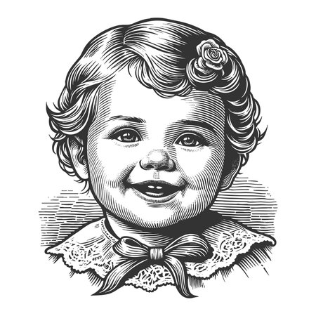 happy baby with expressive eyes and soft hair, perfect for vintage themes and family concepts sketch engraving generative ai fictional character vector illustration. Scratch board. Black and white.の素材