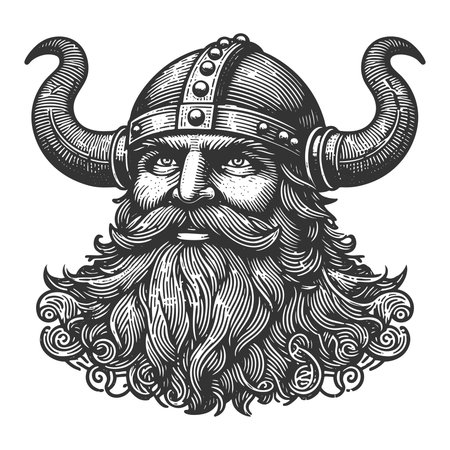 cheerful Viking warrior with horned helmet sketch engraving generative ai fictional character vector illustration. Scratch board imitation. Black and white image.の素材