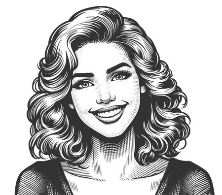 cheerful woman with classic hairstyle, ideal for retro ads, packaging, or nostalgic design themes sketch engraving generative ai fictional character vector illustration. Scratch board. Black and whiteの素材