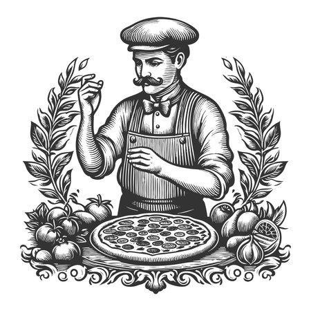 pizzaiolo chef in apron and cap, final touches to a pepperoni pizza surrounded by ingredients sketch engraving generative ai fictional character vector illustration. Scratch board. Black and white.の素材